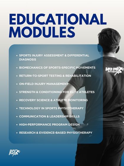This graphic details the specific educational modules within our Physiotherapy Internship Program. We cover everything from differential diagnosis and on-field injury management to recovery science and evidence-based practice, equipping interns with the complete toolkit for a career in elite sport.