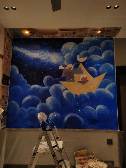 For a little stargazer in Lower Parel, I painted this dreamy world to get lost in. Creating magical, hand-painted murals for kids' rooms, where their imagination can set sail among the stars, is one of my favorite things to do.