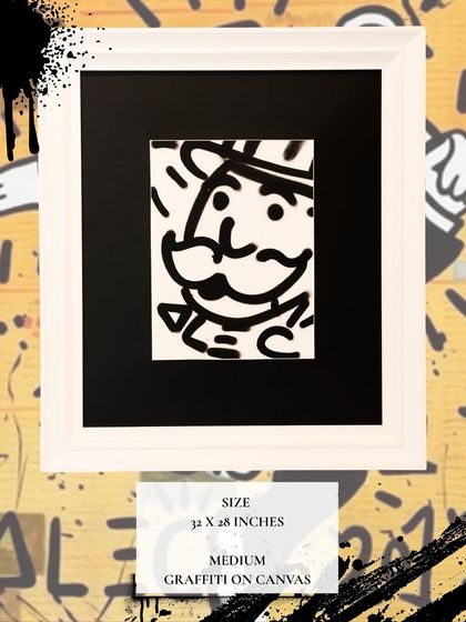 A framed graffiti on canvas piece by Alec Monopoly, featuring his signature Monopoly Man character. This work is part of his stunning collection available at our gallery.