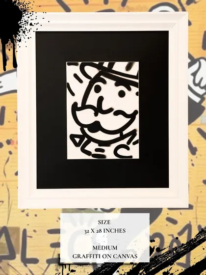 A framed graffiti on canvas piece by Alec Monopoly, featuring his signature Monopoly Man character. This work is part of his stunning collection available at our gallery.