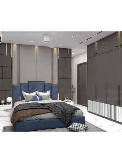A 3D render of a bedroom with a sophisticated grey and blue color scheme. The wall paneling behind the bed adds a geometric element, while the glossy wardrobe doors provide a sleek, modern finish.