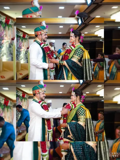 A collage of the Varmala ceremony, capturing the moment the bride and groom exchange garlands during their beautiful Marathi wedding.