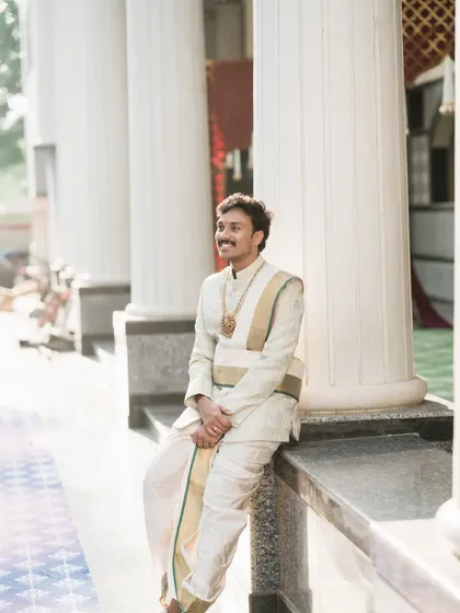 The groom's story is just as important. Here's a portrait of a royal groom, capturing his personality and style during the muhurtham ceremony.