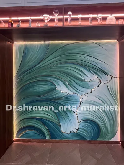 This abstract piece, framed within a library nook, combines flowing textures with fine gold foil details. It was a joy to create this custom wallpaper effect for a truly unique space.