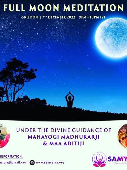 An announcement for a charitable Full Moon Meditation virtual event. We often harness the potent energies of the full moon for collective healing and peace.