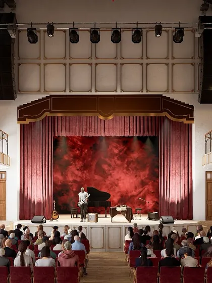 A digital render of the completed Parker Hall, showing our vision for a grand yet intimate theatre that respects the building's original proportions and aesthetic.