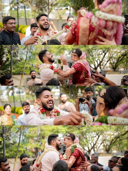 The fun and games of a South Indian wedding. Suhaashini and Preetham's garland exchange was full of laughter and friendly competition, a beautiful candid moment.