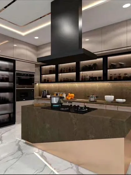 This modern kitchen is designed for a seamless culinary experience, featuring a stunning stone island and sleek, handleless cabinetry. I integrated high-end appliances and smart storage solutions, using backlighting to add warmth and highlight the clean lines of the design.