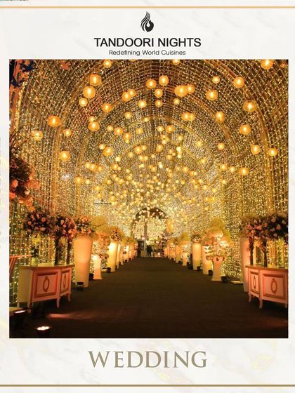 We cater for all your grand celebrations, be it a dazzling cocktail party, a formal wedding reception, or the main wedding feast itself. This image captures the magnificent ambiance we can help create.