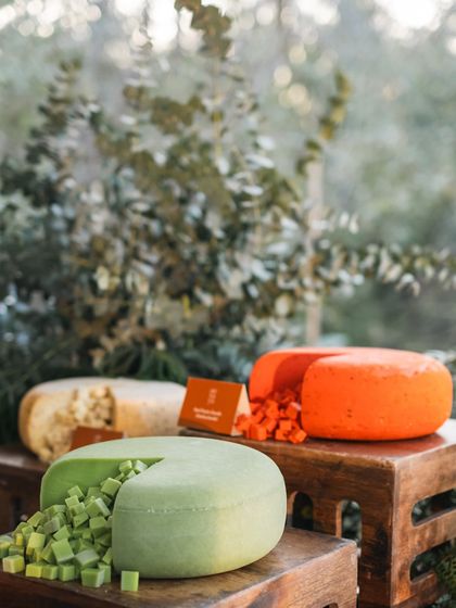A playful and colorful display of green, yellow, and orange cheeses. This unique presentation is an example of how we bring creativity to every aspect of our catering.