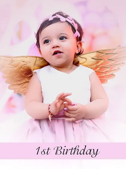A beautifully edited portrait from a first birthday shoot, perfect for announcements or thank you cards.