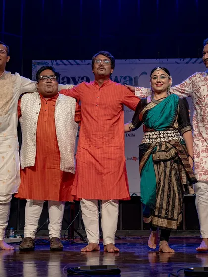 Taking a bow with my fellow artists from the Anirudh Varma Collective and Odissi dancer Vrinda Chadha after our "Naya Swar" concert. It was a beautiful synthesis of music and dance.
