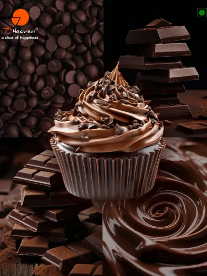A collage celebrating our rich chocolate creations. The centerpiece is a decadent chocolate cupcake topped with chocolate chips and a perfect frosting swirl.