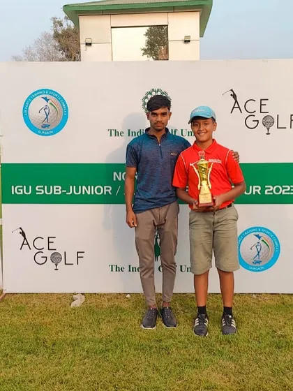 Siddhant Sharma with his winner's trophy after a clutch performance in the playoff at the IGU Feeder.