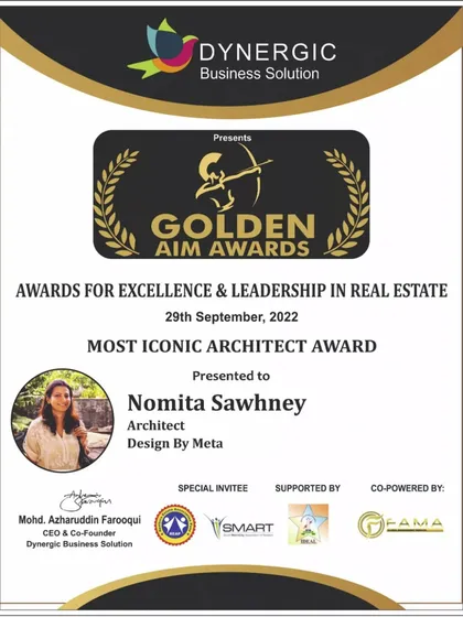 The official certificate for the "Most Iconic Architect Award" from the Golden Aim Awards for Excellence & Leadership in Real Estate. This recognition highlights our firm's significant contributions to the field.