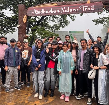 The group at the official entrance of the Andharban Nature Trail, a popular monsoon trek near Pune.