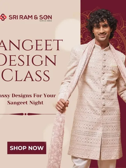 Get ready to dance the night away in style at your sangeet. This elegant off-white sherwani with delicate embroidery is a classy design for your sangeet night, ensuring you look sharp while you celebrate.