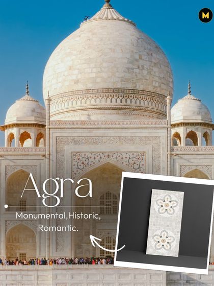 Agra is monumental, historic, and romantic. This beautiful white tile with a delicate floral inlay captures the timeless elegance of the Taj Mahal.