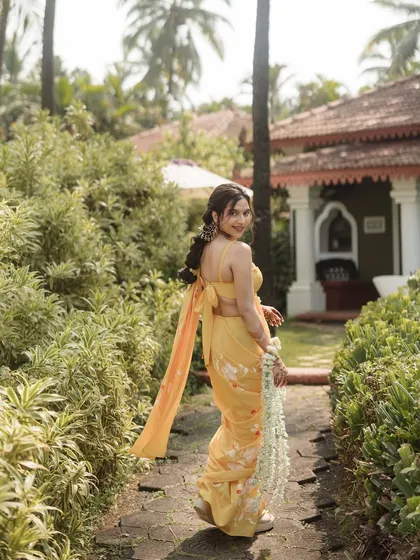 A beautiful shot of the bride in her yellow Haldi saree, looking back with a smile.
