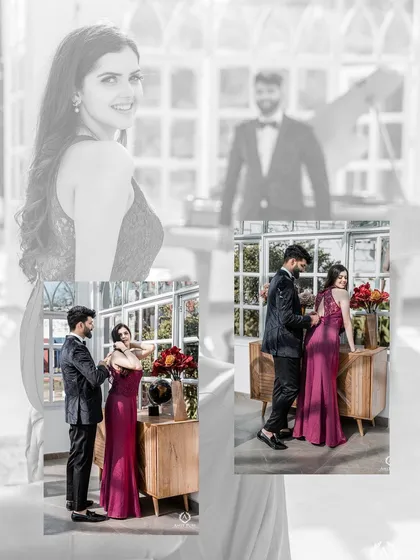 A collage showing candid, behind-the-scenes style moments. The couple helps each other get ready, adding a layer of intimacy and authenticity to their glamorous pre-wedding shoot.
