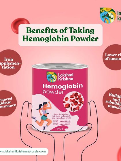 A summary of the key benefits of our Hemoglobin Powder. It provides iron supplementation, enhances athletic performance, lowers the risk of anemia, and helps in building muscle.