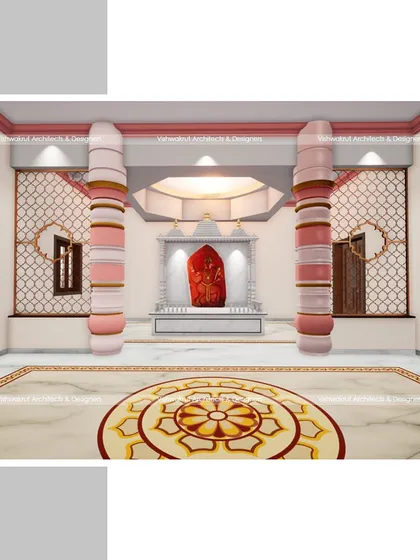 The interior of the Hanuman Mandir, showing the 'garbhagriha' (sanctum sanctorum) with decorative pillars and intricate floor patterns. The design creates a beautiful focal point for devotees.