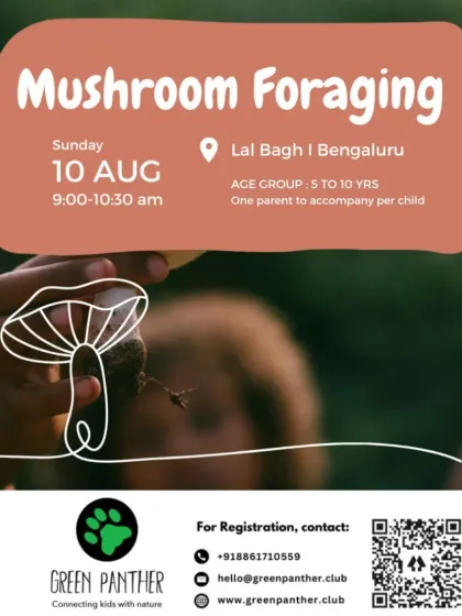 A poster for our popular Mushroom Foraging walk in Lal Bagh, Bengaluru, inviting families to a unique urban nature adventure.