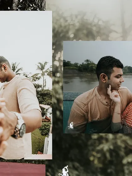 A collage of intimate close-ups and tender moments from a pre-wedding shoot at a beautiful riverside location.