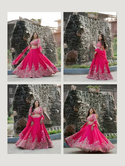 A vibrant collage of the bride in her bright pink Mehendi lehenga, twirling and posing against a beautiful waterfall backdrop.