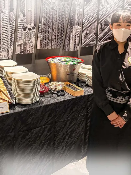 A member of the local hospitality team at one of our international events in Japan. We believe in collaborating with local talent to ensure seamless service while bringing our core culinary expertise to the forefront.