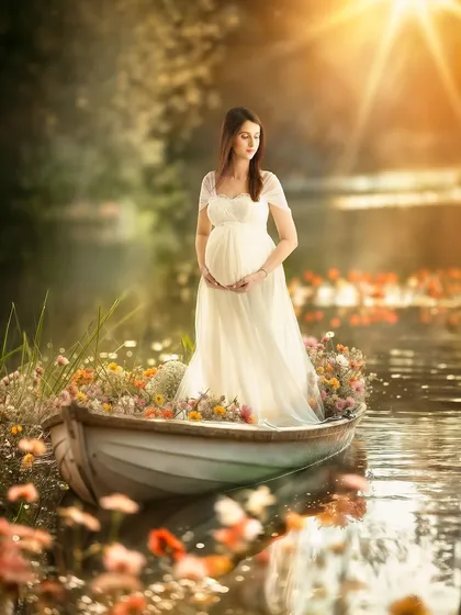 For those looking for something truly magical, we offer digital art composites. This piece places the mother-to-be in a dreamlike boat scene, blending photography with artistic elements to create a unique fantasy portrait.