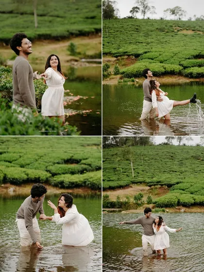 A collage of playful and romantic moments from a pre-wedding shoot in a tea estate, including fun in the water and joyful embraces.