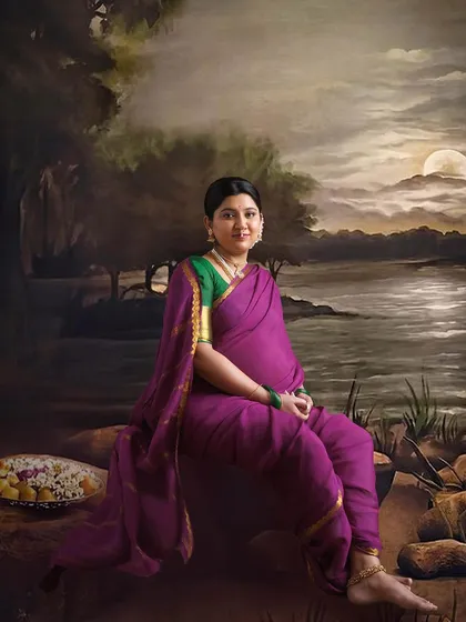 Inspired by the timeless art of Raja Ravi Varma, this portrait transforms a maternity session into a classical masterpiece. It’s a unique way to celebrate motherhood with cultural richness and artistic elegance.