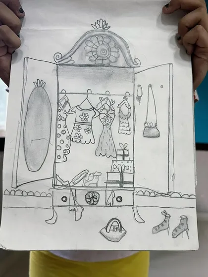 What a cute and imaginative drawing of a Barbie wardrobe, full of tiny details.