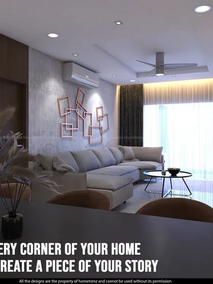 In every corner of your home, you create a piece of your story. This living room uses abstract metal wall art and a large sectional sofa to create a comfortable space with a unique artistic touch.