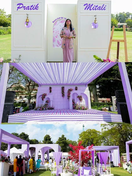 A showcase of a unique lavender-themed Haldi decor. The setup includes a personalized welcome area, a beautifully draped stage, and elegant cabana-style seating, all in dreamy shades of purple.