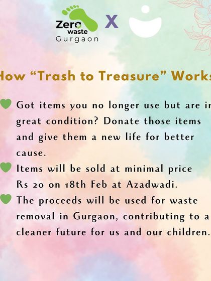 This poster explains how our 'Trash to Treasure' model works. By donating items in good condition, you help us raise funds for waste removal in Gurgaon, contributing to a cleaner future for everyone.