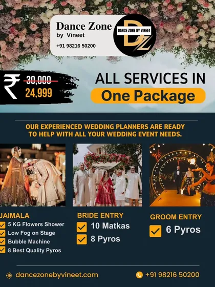 We offer comprehensive packages that cover all your key moments. This all-in-one package includes special effects for the Jaimala, a grand setup for the bride's entry with matkas and pyros, and a powerful welcome for the groom.