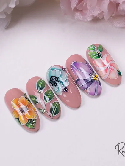 This set shows how to add small crystal accents to gel-painted flowers to enhance the design.