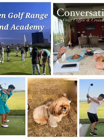 A collage showing all the elements of a great weekend at Zen Golf, including practice, coffee, and time with a furry friend.