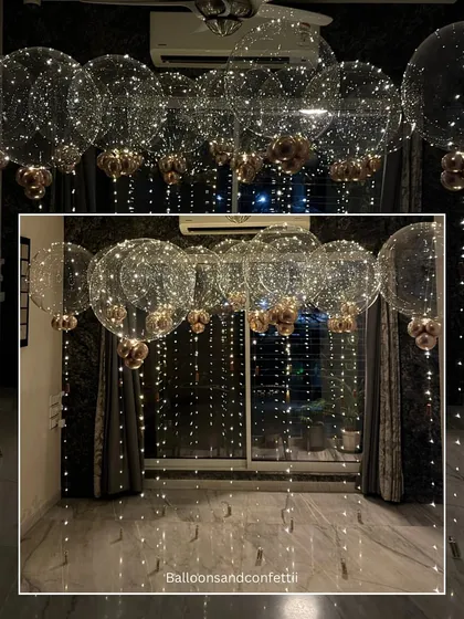 A collage showing the magical fairy-light bubble balloon setup from different angles, perfect for creating a dreamy atmosphere at home.
