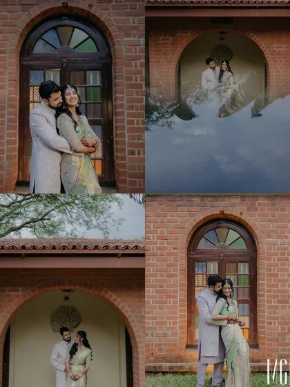 A collage from a pre-wedding engagement shoot, showcasing different artistic approaches. From classic portraits against beautiful architecture to creative reflection shots, I work with you to create a diverse set of images that truly represent your story as a couple.
