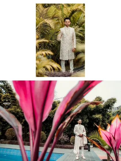 A collage of the groom's portraits in a lush, tropical setting, his elegant sherwani standing out against the vibrant plants.