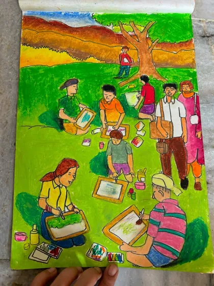 A close-up of the "outdoor art class" memory drawing, highlighting the details and colours used to create a lively scene.