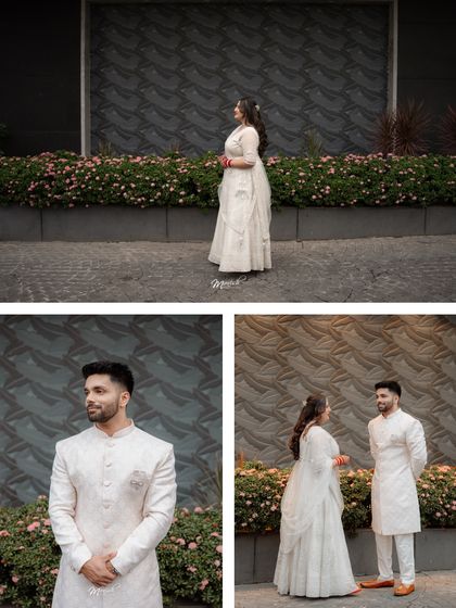 A mix of solo and couple portraits, highlighting the beautiful outfits and the happy anticipation of the engaged couple.