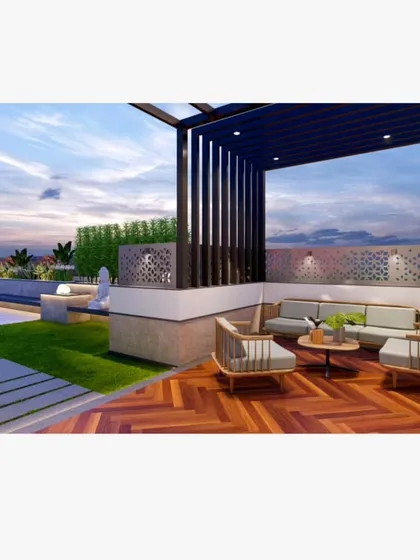A 3D render showing a complete terrace design. This features a semi-covered seating area with a wooden deck, a custom privacy screen, and integrated planters for a touch of green. This is how I plan your dream space.