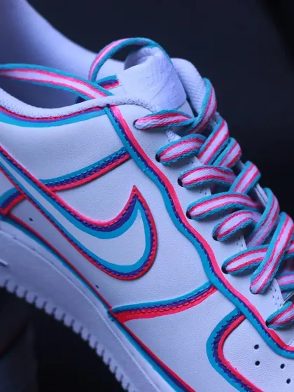 A close-up of the laces on the "Wired" custom, which I also painted to match the 3D glitch theme.