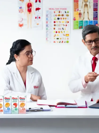 A lifestyle scene showing two doctors in a consultation. This shot is part of a larger campaign designed to build credibility for an electrolyte drink by placing it in a professional, medical context.