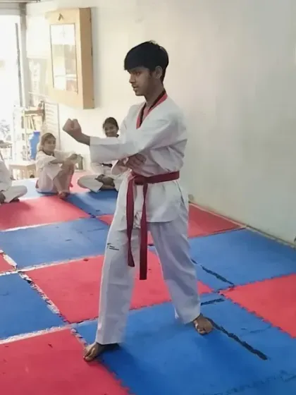 A student demonstrates a precise Poomsae (form) during his black belt test. This test is the culmination of years of dedicated practice.