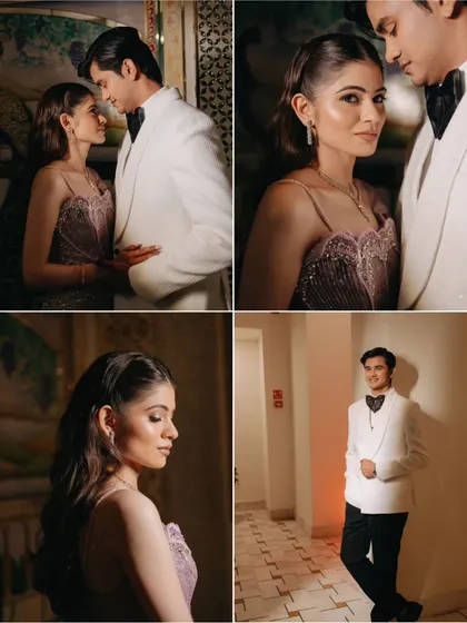 A collage of editorial portraits from a Sangeet, highlighting the couple's intense connection and the bride's elegant solo moments.